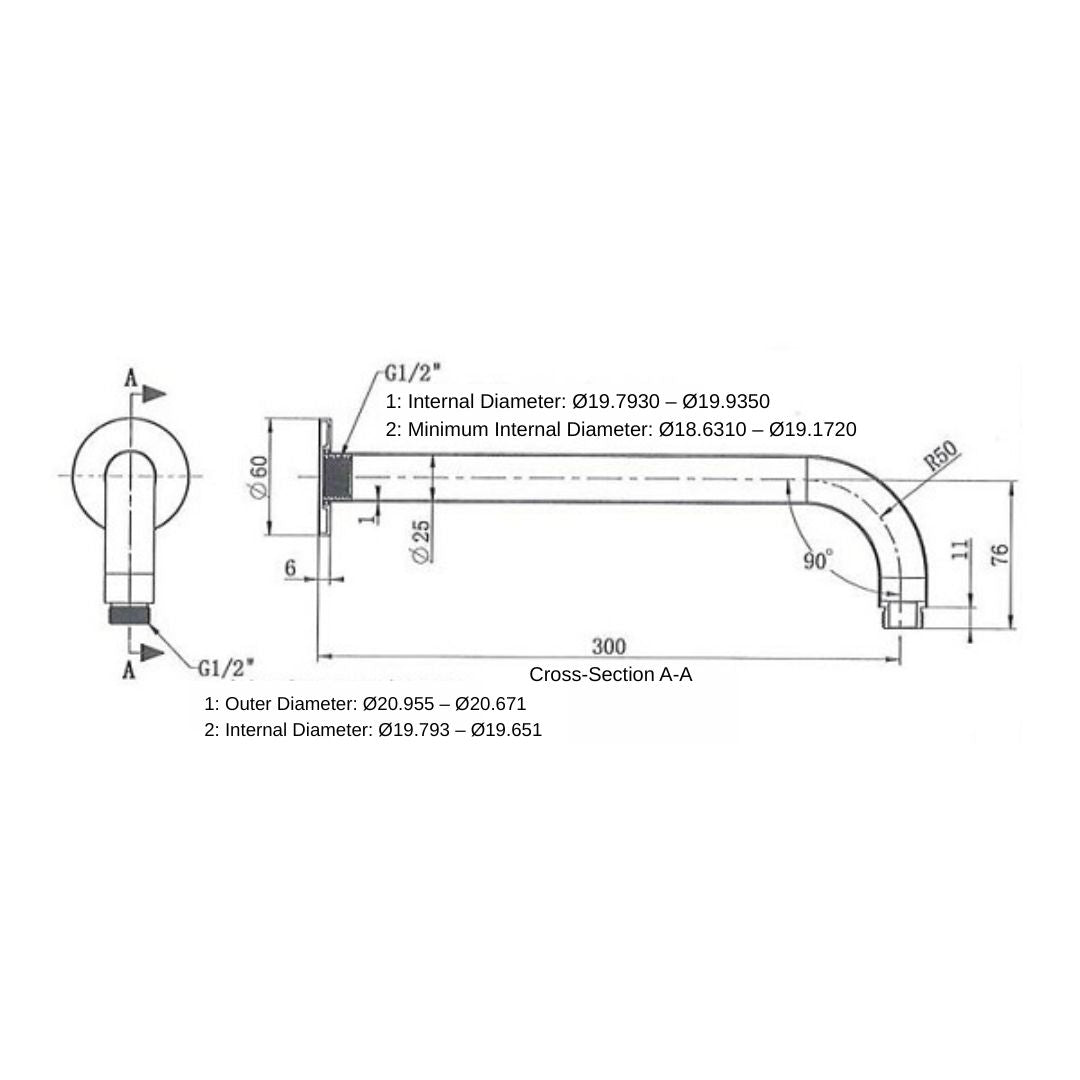 Northcote Antique Brass Round Shower Arm 300mm