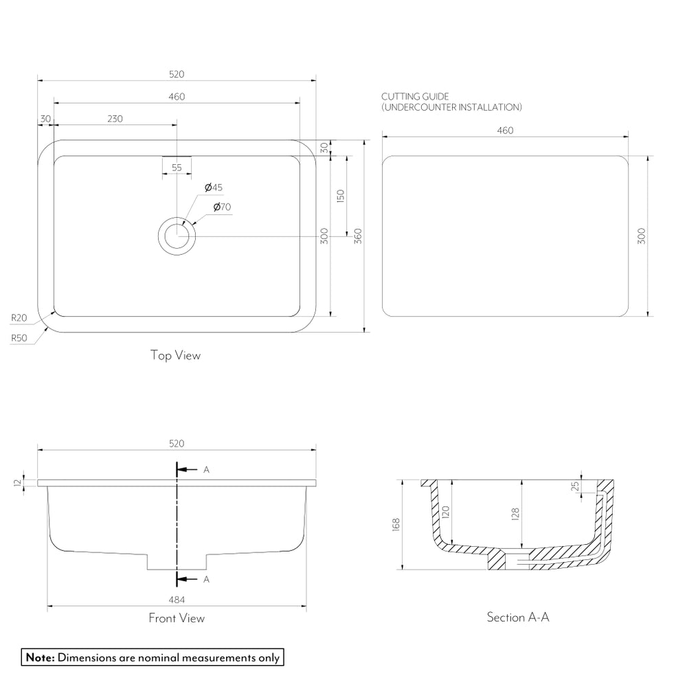 Zuri Rectangle Undercounter Basin 520mm (Large)