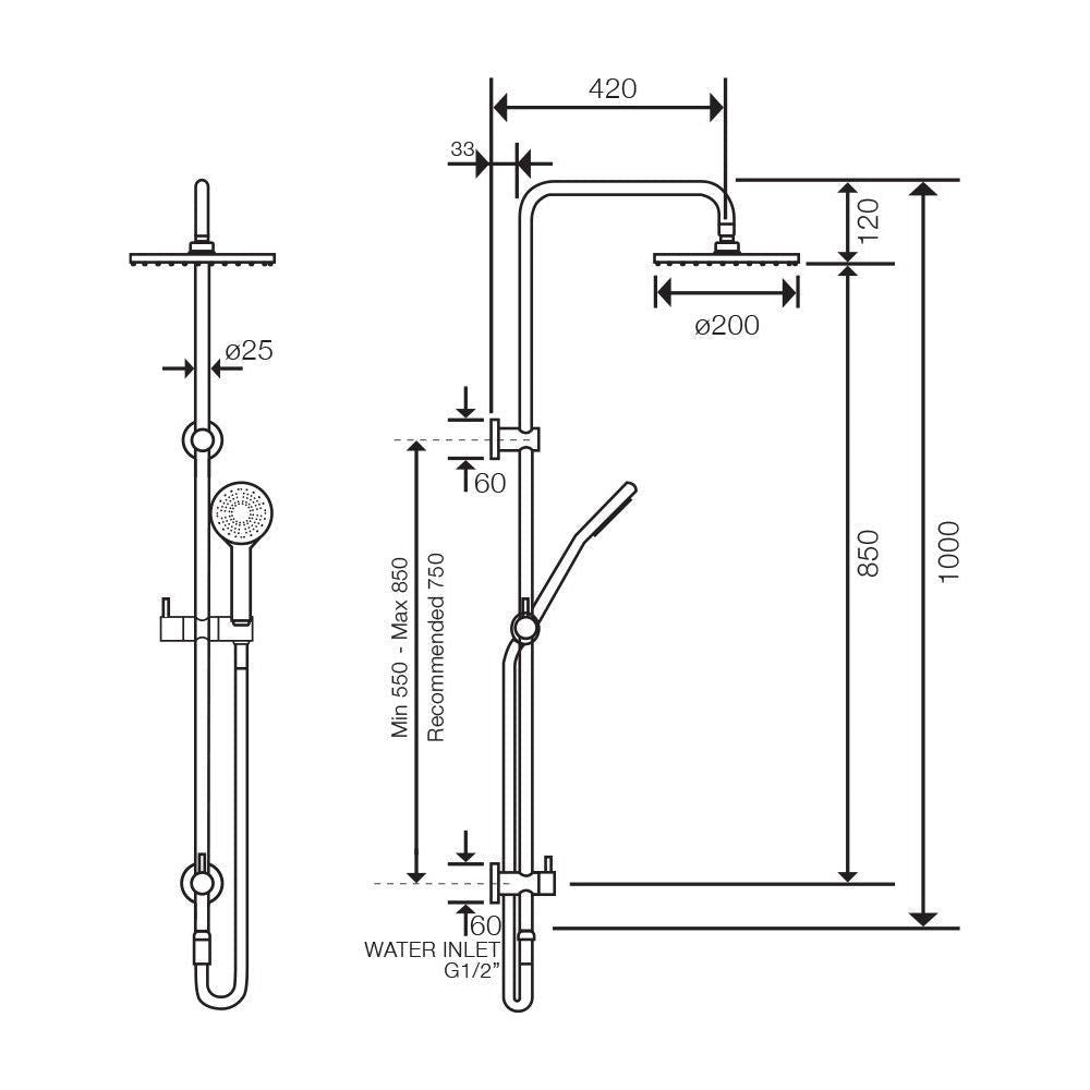 Axus Pin Shower Column with Handshower Set - Bottom Diverter